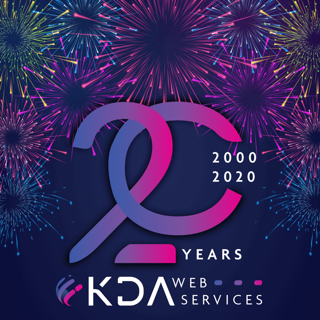Picture shows fireworks surrounding a stylised 20, with 2000 and 2020 in it, celebrating 20 years in business.