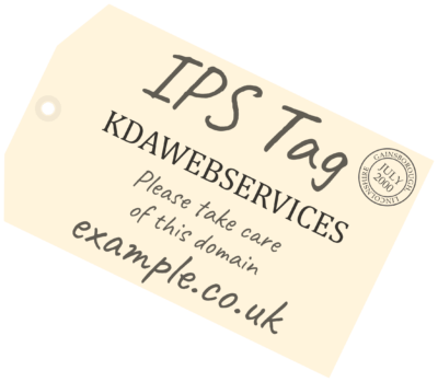 Am old fashioned postal/luggage tag with "IPS Tag. KDAWEBSERVICES. Please take care of this domain: example.co.uk" and a postmark with GAINSBOROUGH, LINCOLNSHIRE surrounding the date July 2000.