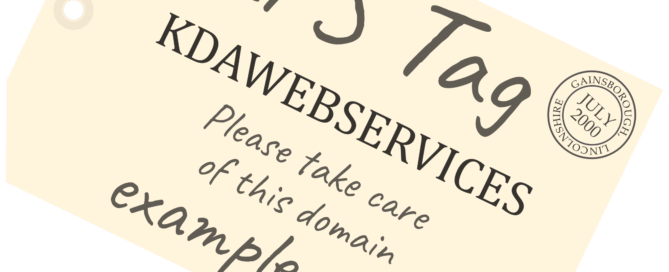 Am old fashioned postal/luggage tag with "IPS Tag. KDAWEBSERVICES. Please take care of this domain: example.co.uk" and a postmark with GAINSBOROUGH, LINCOLNSHIRE surrounding the date July 2000.