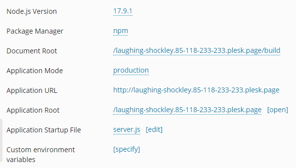 Screenshot of Plesk showing settings for Next.js app (settings are explained below)