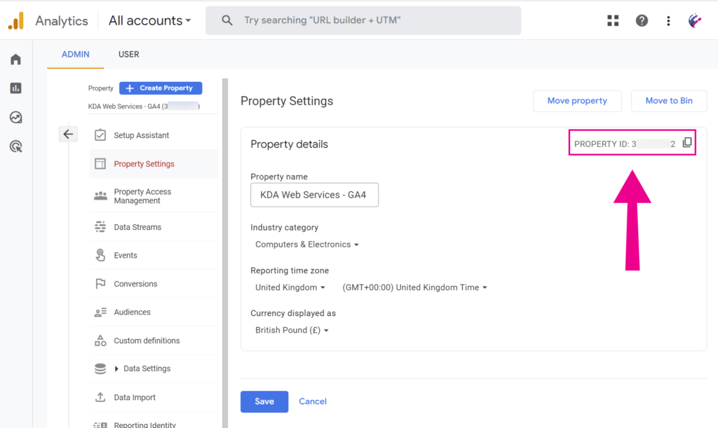 The image shows the Google Analytics dashboard, with the settings screen open. A pink arrow points to where the property ID is location.